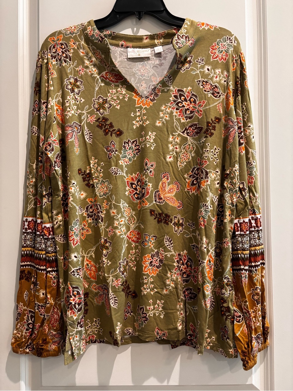 NWT Belle Boho Kim Gravel Olive Floral Boho Peasant Top Large boutique-style top - Picture 2 of 6
